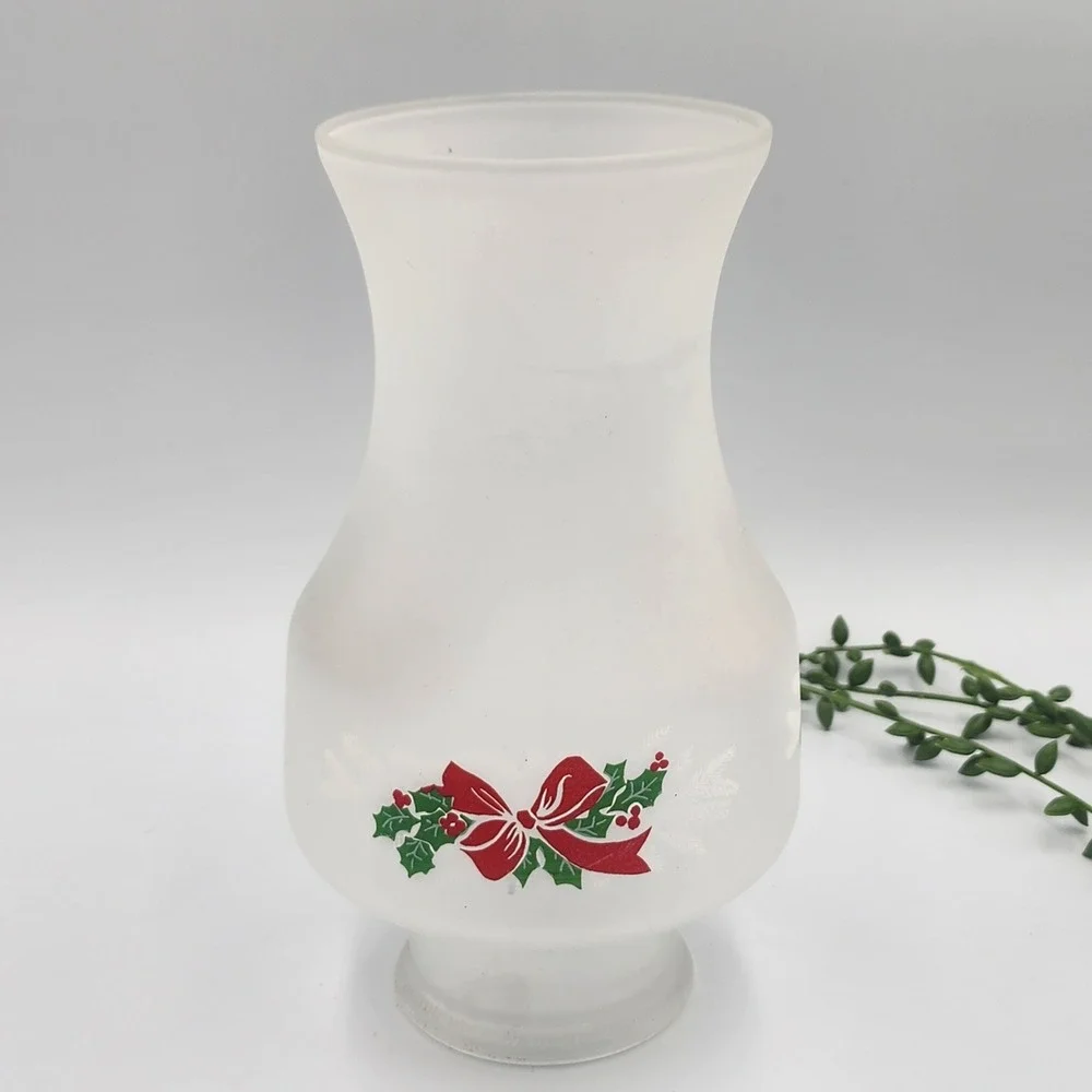 Leviton Vintage Christmas Hurricane Lamp Milk Glass Hobnail Frosted Holly Bow